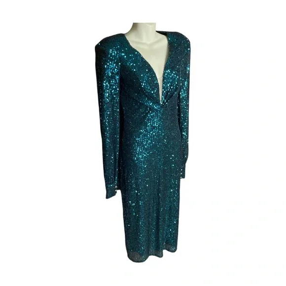 Mac Duggal 26866 Sequined Structured Bishop Sleeve Midi DressTeal Size 4 NWT - Picture 7 of 14